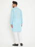Vastramay Men's Aqua And White Cotton Blend Kurta Pyjama Set